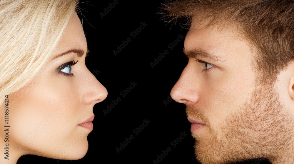 Intense face-off between two individuals studio portrait photography black background close-up connection and emotion Intense face-off between two individuals studio portrait photography black background close-up connection and emotion