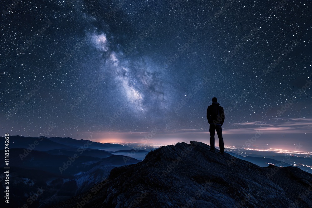 Fototapeta premium Silhouette of Man on Mountain: Night Sky and Starry Universe