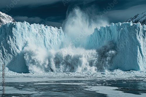 Massive glacier calving event in an Arctic fjord showcasing ice splintering and falling into cold seawater at sunrise photo