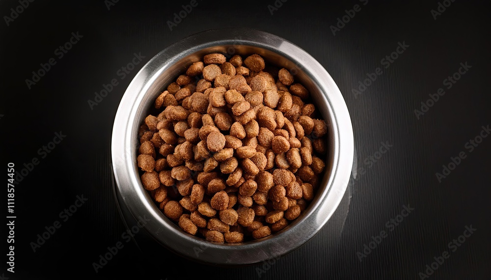 Cat food bowl on a black background top view Cat food bowl on a black background top view