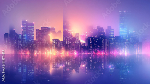 City skyline is reflected in the water, with the sun setting in the background. The city appears to be illuminated with lights, creating a warm and inviting atmosphere