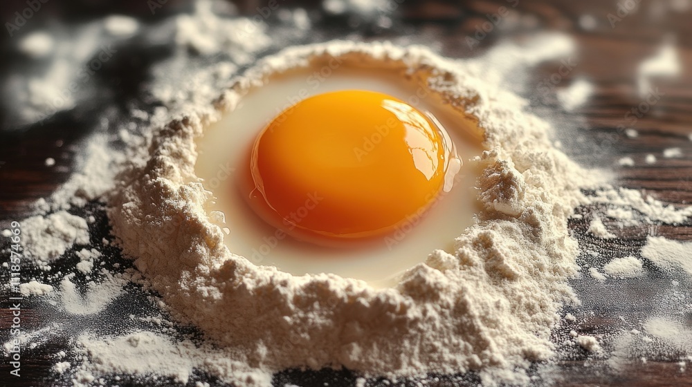 Flour and egg on wooden surface create an inviting setting for baking or cooking in a cozy kitchen environment Flour and egg on wooden surface create an inviting setting for baking or cooking in a cozy kitchen environment