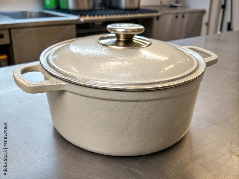 White cooking pot with lid on metallic kitchen counter White cooking pot with lid on metallic kitchen counter