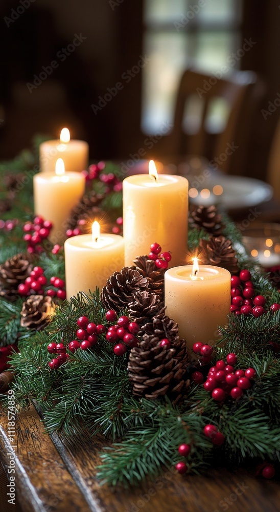 Festive holiday table setting with candles and pinecones creating a warm and inviting atmosphere Festive holiday table setting with candles and pinecones creating a warm and inviting atmosphere