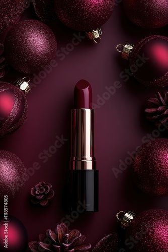 Festive makeup setting with deep burgundy lipstick among shiny red ornaments and pinecones on a dark background during the holiday season photo