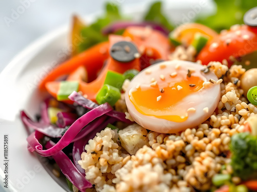 Artistic close-up of a vibrant poke bowl with fresh veggies, quinoa, and a sprinkl