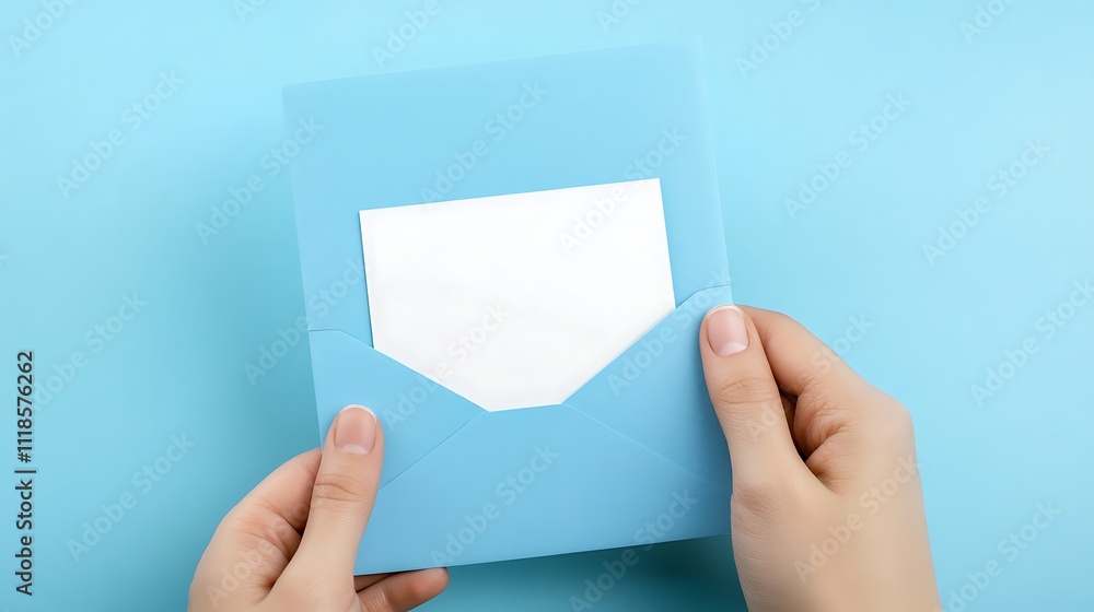 Fototapeta premium Hands Holding Light Blue Envelope with Blank Notecard Stationery Mockup