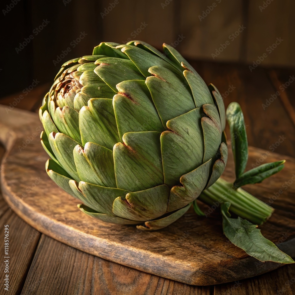 Fototapeta premium Fresh Artichoke on Wooden Cutting Board with Rustic Background