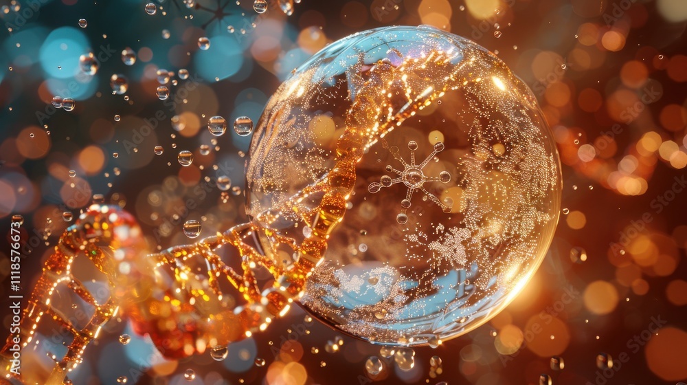 3D rendered liquid bubble containing a molecule, in a cosmetic essence, with a DNA water splash background. Captivating and vibrant 3D rendered liquid bubble containing a molecule, in a cosmetic essence, with a DNA water splash background. Captivating and vibrant