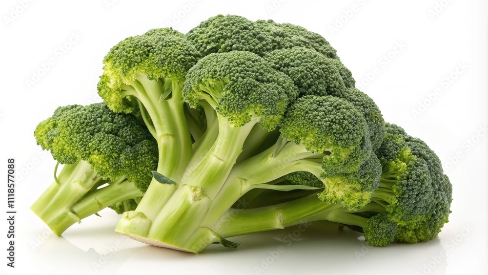 Fresh green broccoli with thick stems and vibrant florets Fresh green broccoli with thick stems and vibrant florets