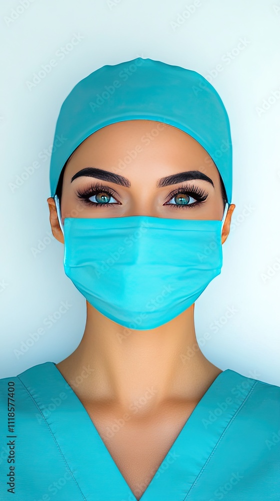A beautiful healthcare professional with multi-ethnic features wears a surgical mask and cap while gazing directly at the camera. The setting highlights her commitment and care in her role A beautiful healthcare professional with multi-ethnic features wears a surgical mask and cap while gazing directly at the camera. The setting highlights her commitment and care in her role