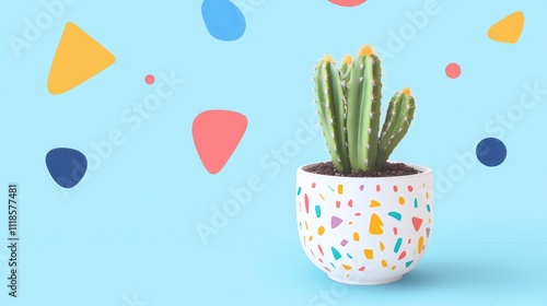 Vibrant Cactus Plant in Modern Pot Against Colorful Background