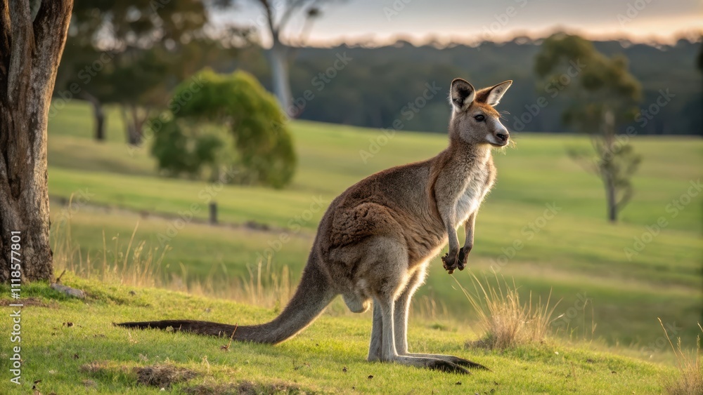 Kangaroo in Natural Habitat with Scenic Landscape Background Kangaroo in Natural Habitat with Scenic Landscape Background