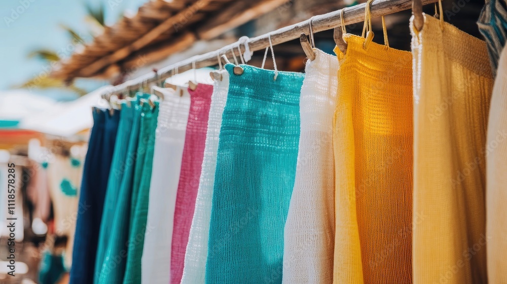 Colorful Fabric Textiles Hanging in a Bright Summer Setting Colorful Fabric Textiles Hanging in a Bright Summer Setting