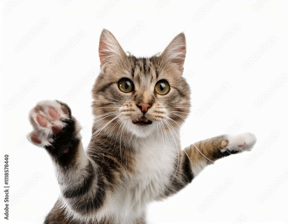 lovey cat in funny facial expression and rising her paw isolated on white background lovey cat in funny facial expression and rising her paw isolated on white background