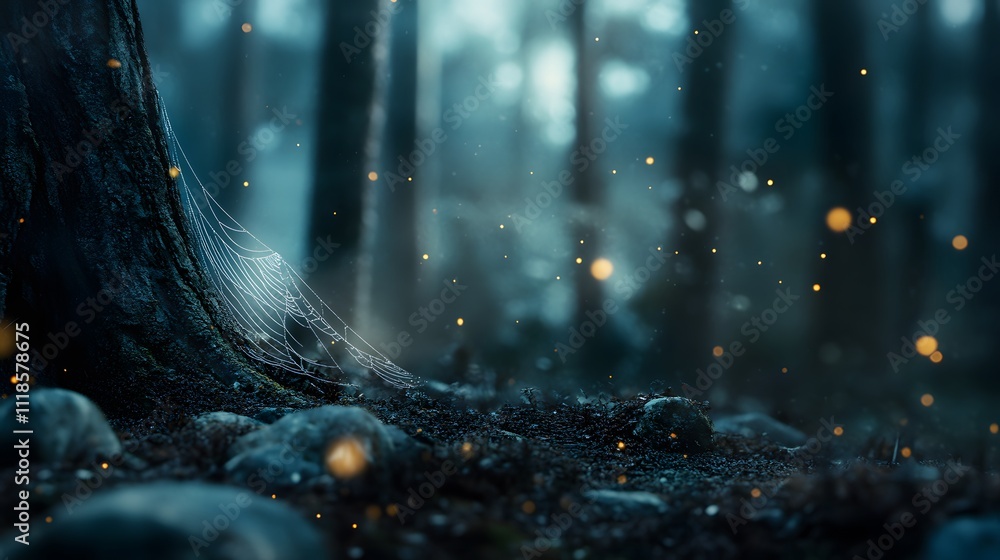 Fototapeta premium A close-up of a spider web in the forest, with blurred trees and bokeh effects creating a mysterious atmosphere