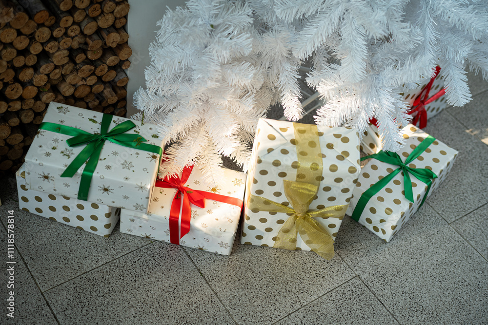 Merry x-mas,Close up of multiple gift boxes,Colorful balls and Christmas greeting picture parcel,Santa doll decoration on Green Christmas tree background Decoration During Christmas and New Year.