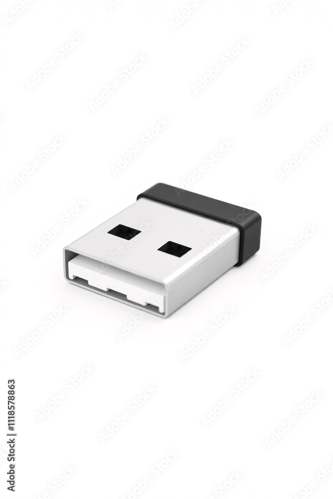 Close-up of a USB thumb drive with a metallic finish, on a white background Close-up of a USB thumb drive with a metallic finish, on a white background