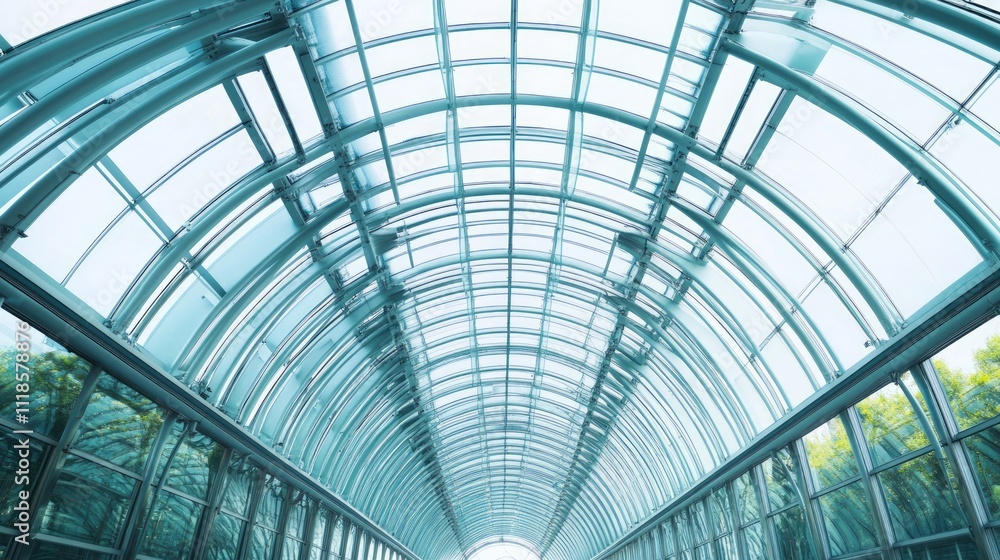 Modern glass and steel arched walkway with skylight. Modern glass and steel arched walkway with skylight.