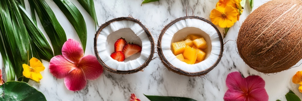 Tropical coconut bowls with fresh fruit and colorful flowers on marble background