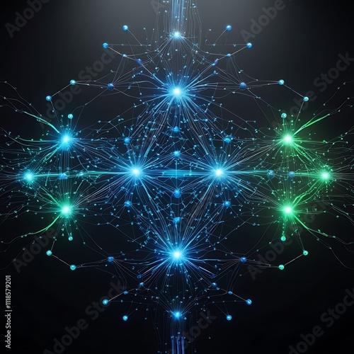 A highly detailed, professional photograph of an abstract representation of AI neural networks, featuring a mesmerizing array of interconnected glowing nodes and complex patterns .