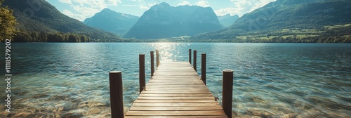 Serene mountain lake with wooden dock under clear blue sky photo