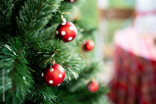 Obraz na płótnie Merry x-mas,Close up of Colorful balls ,gifts box and Christmas greeting picture parcel,bell decoration on Green Christmas tree background Decoration During Christmas and New Year. w salonie