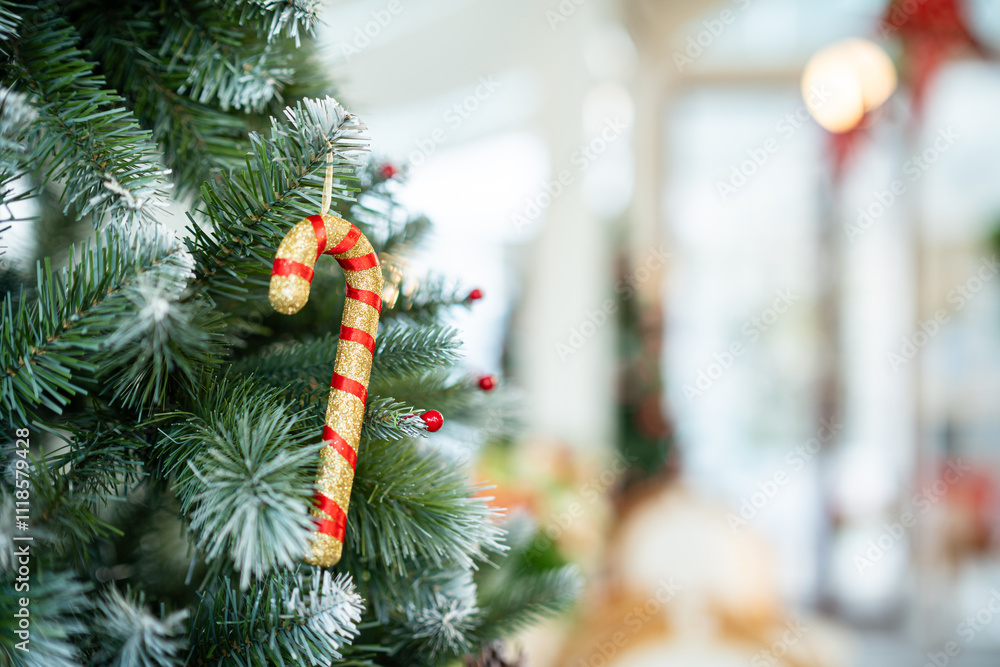Merry x-mas,Close up of Colorful balls ,gifts box and Christmas greeting picture parcel,bell decoration on Green Christmas tree background Decoration During Christmas and New Year.