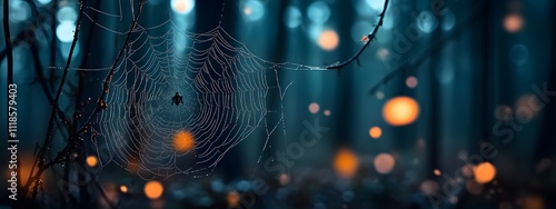 A close-up of a spider web in the forest, with blurred trees and bokeh effects creating a mysterious atmosphere