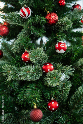 Obraz na płótnie Merry x-mas,Close up of Colorful balls ,gifts box and Christmas greeting picture parcel,bell decoration on Green Christmas tree background Decoration During Christmas and New Year. w salonie