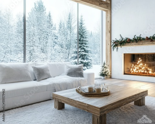 Cozy winter living room with large windows overlooking snow-covered trees and a warm fireplace