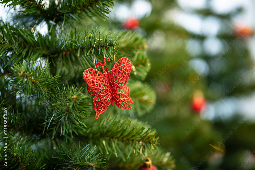 Merry x-mas,Close up of Colorful balls ,gifts box and Christmas greeting picture parcel,bell decoration on Green Christmas tree background Decoration During Christmas and New Year.