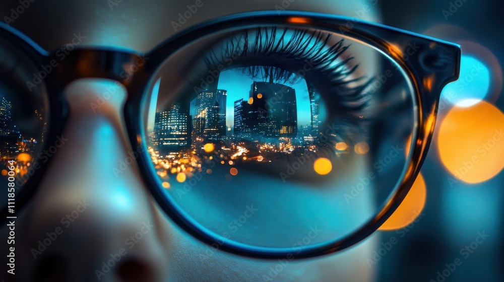 Reflection of a city skyline in glasses depicting a vibrant urban nightlife atmosphere filled with lights and energy Reflection of a city skyline in glasses depicting a vibrant urban nightlife atmosphere filled with lights and energy