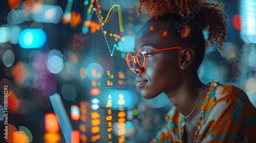 Woman in Orange Dress Analyzing Financial Data on Screen at Night