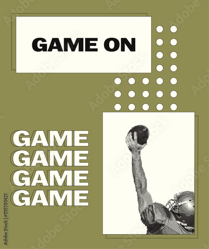 Minimalistic sport poster in mixed media style. American football player with ball in hand. Urban halftone effects, pixelated bitmap texture. Perfect for sports designs.