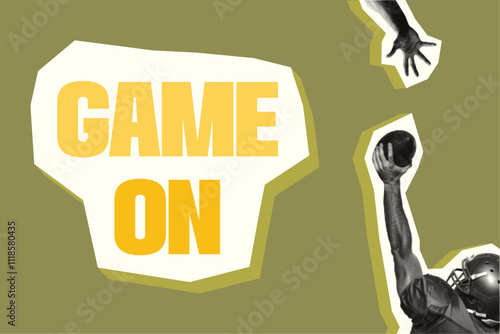 Dynamic American football collage. Bold text, hands, ball pass. Y2K halftone effects and urban grunge texture. A retro-modern layout perfect for sports promotions, posters, motivational designs.