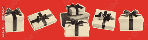 Set of monochrome gift boxes with ribbons and bows. Vintage halftone texture. Retro bitmap photocopy effect. Ideal for Christmas banners, holiday designs, greeting cards, social media.