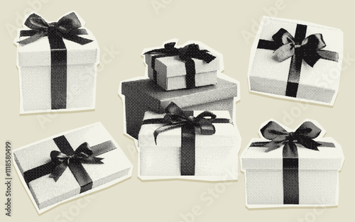 Set of monochrome gift boxes with ribbons and bows. Vintage zine halftone texture. Retro bitmap photocopy effect. Ideal for festive banners, holiday designs, greeting cards, social media.