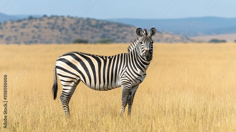 A zebra stands gracefully in a golden grassland under a clear blue sky. A zebra stands gracefully in a golden grassland under a clear blue sky.