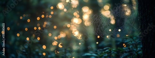 A close-up of a spider web in the forest, with blurred trees and bokeh effects creating a mysterious atmosphere
