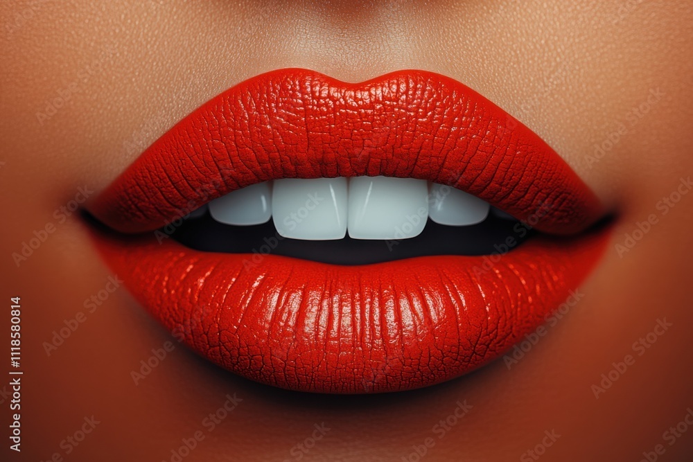 Obraz premium Bright red lips showcase gloss and healthy teeth, ideal for beauty and fashion inspiration for summer looks and makeup trends