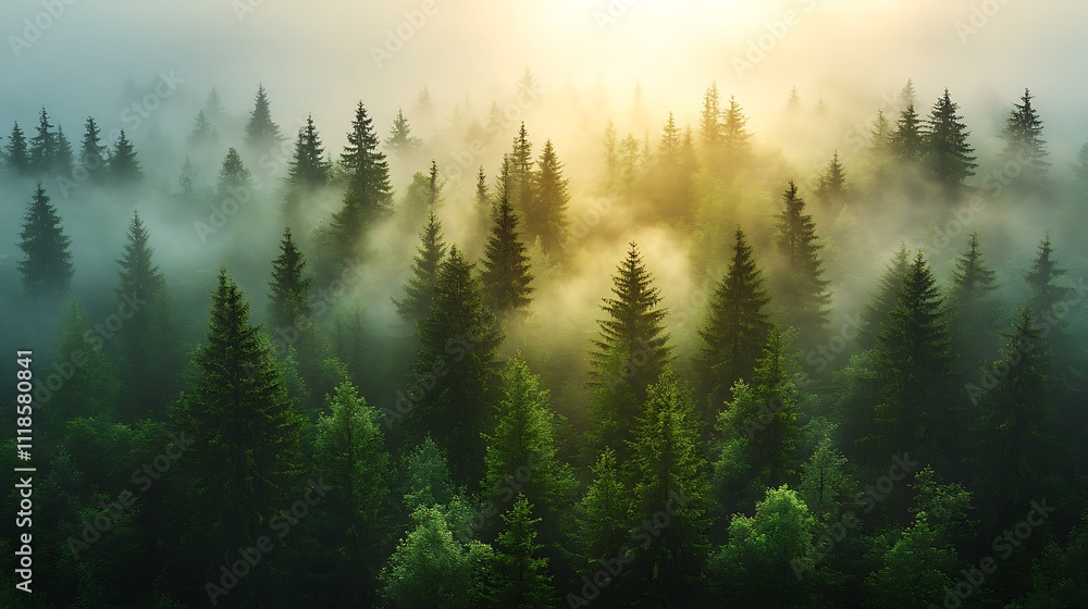 dense coniferous forest shrouded in mist, with the morning sun casting a golden glow through the fog dense coniferous forest shrouded in mist, with the morning sun casting a golden glow through the fog