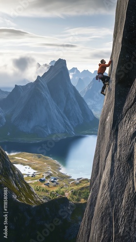 Climber Ascending Majestic Mountain Face: A solitary climber scales a sheer cliff face, dwarfed by the towering peaks and vast expanse of the Norwegian landscape. photo