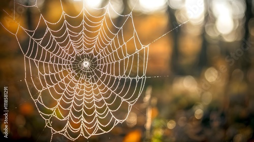 A close-up of a spider web in the forest, with blurred trees and bokeh effects creating a mysterious atmosphere