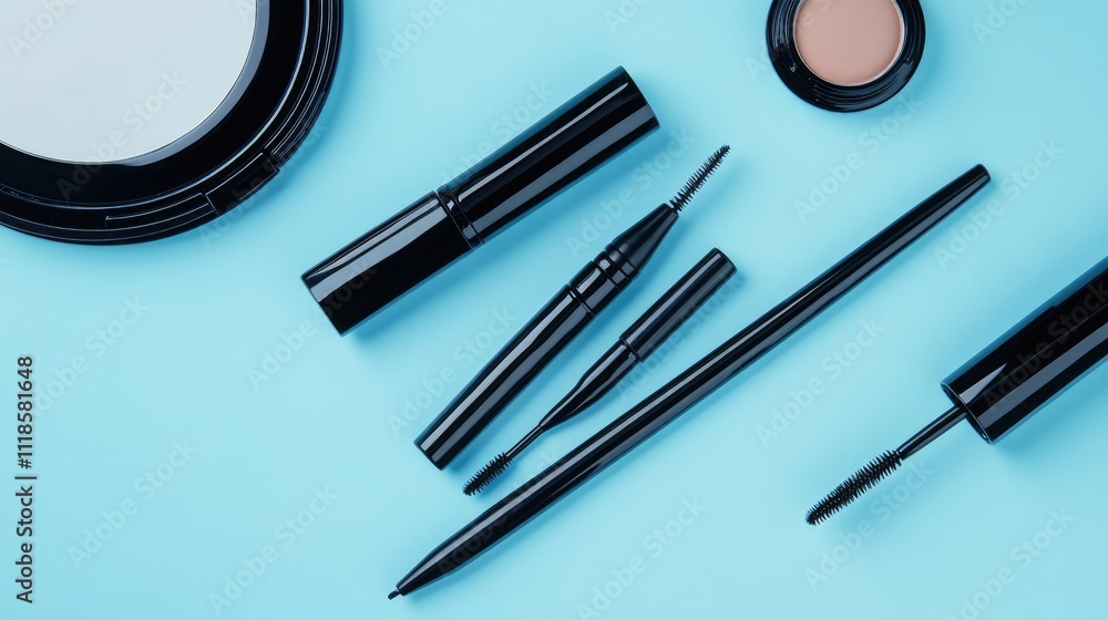 Essential Makeup Tools Flat Lay on Blue Background for Beauty Lovers Essential Makeup Tools Flat Lay on Blue Background for Beauty Lovers