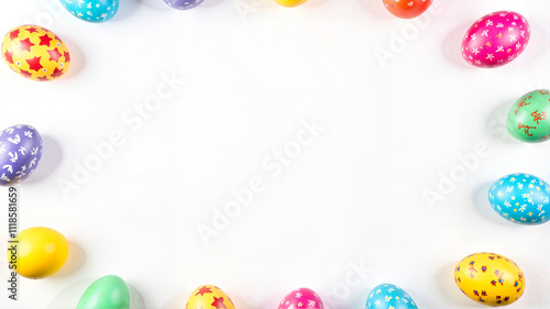 Colorful easter eggs arranged in a border on white background