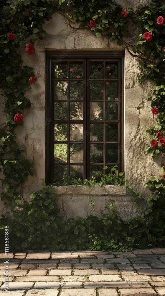 Romantic Stone House Window with Climbing Roses Romantic Stone House Window with Climbing Roses