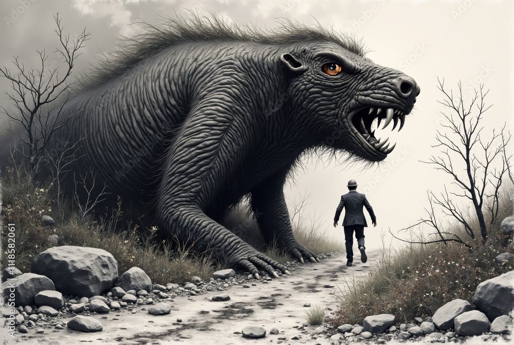 Fototapeta premium Businessman running away from giant aggressive monster in surreal landscape