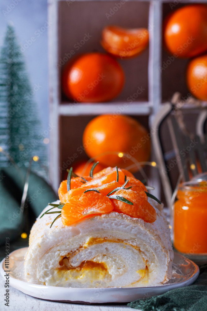 Meringue roll filled with mascarpone, cream and tangerine jam, decorative Christmas trees and tangerines.
