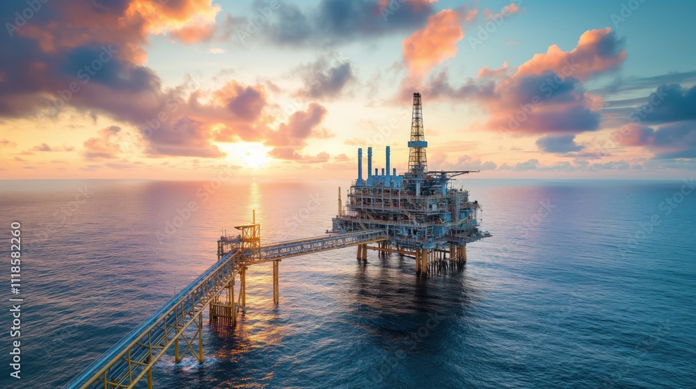 Offshore oil rig at sunset energy industry aerial view industrial concept Offshore oil rig at sunset energy industry aerial view industrial concept
